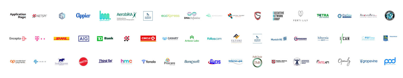 Client logos including Application Magic, NetSPI, Appier, AerobiKA, ecoXpress, Executive Network Group, Tetra Bio-Pharma, T-Mobile, DHL, AIG, TD Bank, Circle K, Canary, Arkose Labs, Munich RE, Genezen, Hibernia, PillTime, Accelerated Payments, Mattel, ThinkTel, Fonolo, Procare, Banqsoft, Interscope, Intel 471, Openly and Grapevine